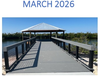 Titled March 2026, showing a completed pavilion over the water at the end of a new boardwalk